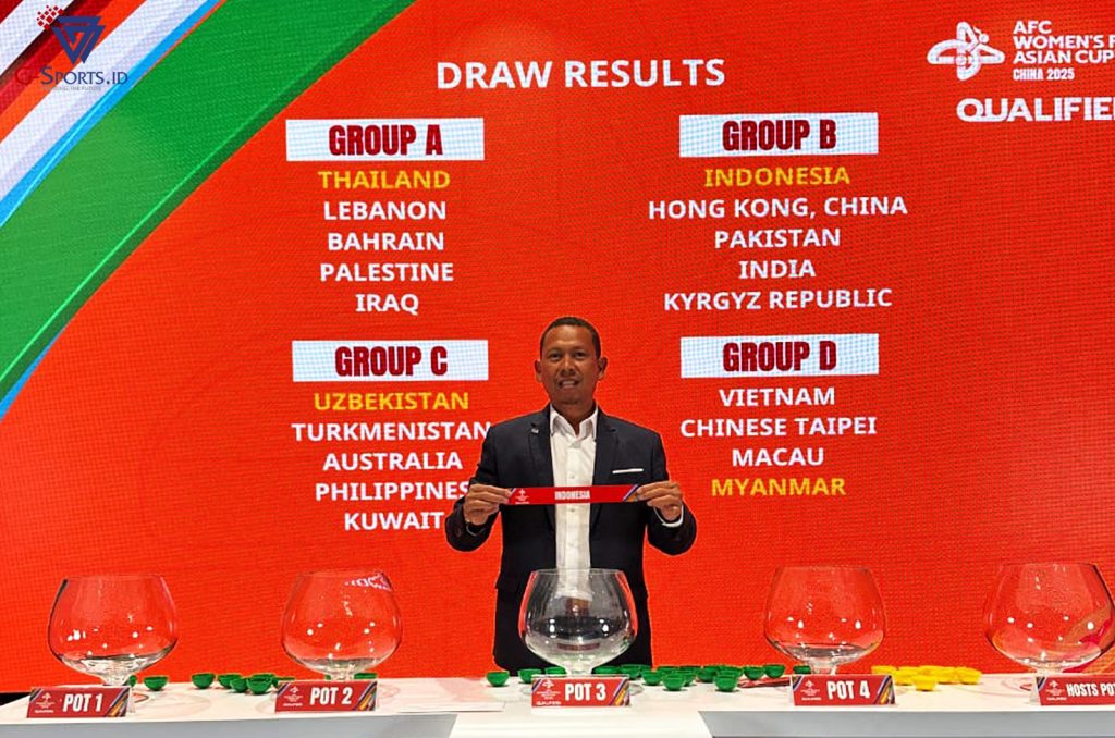 Rachmat Priyadi dari PSF yang mendampingi FFI, saat memperlihatkan nama Timnas Indonesia (Timnas futsal putri Indonesia) yang berada di Grup B, hasil drawing dari AFC Women Futsal Championship Asian Cup 2025 di AFC, Kuala Lumpur, 17 Oktober 2024. (Foto: Istimewa/Grafis: Menk Karmawan/G-Sports.id).