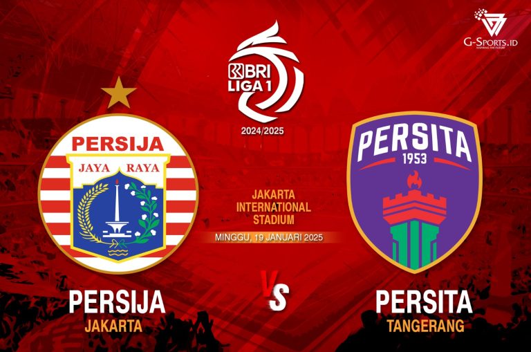 Laga Persija Jakarta vs Persita Tangerang di Liga 1 2024/2025, Minggu (19/1/2024) pukul 19.00 WIB. (Grafis: Menk Karmawan/G-Sports.id).