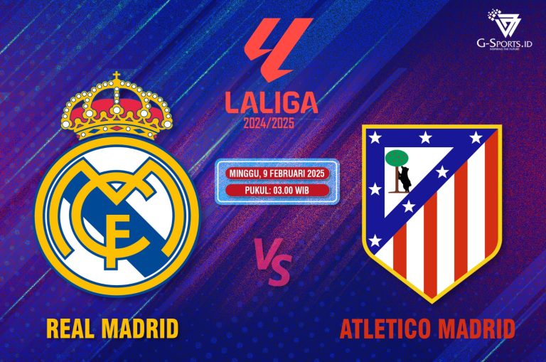 Real Madrid vs Atletico Madrid di La Liga 2024-2025 akan digelar pada Minggu (9/2/2025) pukul 03.00 WIB. (Grafis: Menk Karmawan/G-Sports.id).