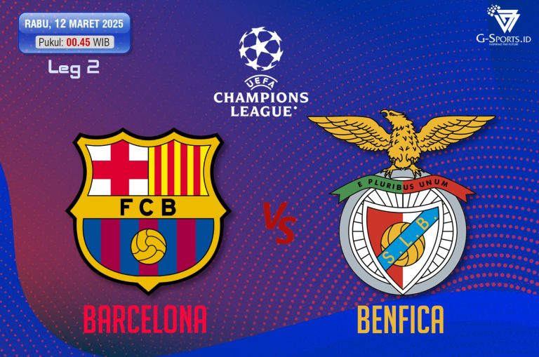 Laga Barcelona vs Benfica di Liga Champions 2024/2025 akan digelar pada Rabu (12/3/2025) pukul 00.45 WIB. (Grafis: Menk Karmawan/G-Sports.id).