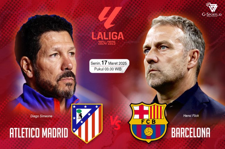 Pelatih Atletico Madrid, Diego Simeone dan pelatih Barcelona, Hansi Flick akan beradu taktik dalam laga La Liga 2024/2025, Senin (17/3/2025) pukul 03.00 WIB. (Grafis: Menk Karmawan/G-Sports.id).