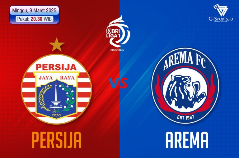 Persija Jakarta vs Arema FC di Liga 1 2024/2025 akan digelar pada Minggu (9/3/2025) pukul 20.30 WIB. (Grafis: Menk Karmawan/G-Sports.id)