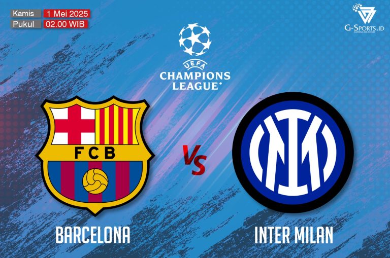 Laga Barcelona vs Inter Milan di semifinal pertama Liga Champions 2024/2025 akan digelar pada Kamis (1/5/2025) pukul 02.00 WIB. (Grafis: Menk Karmawan/G.Sports.id).