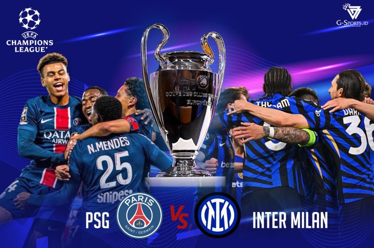 Paris Saint-Germain vs Inter Milan akan terjadi di final Liga Champions 2024/2025, laga yang akan digelar pada Minggu (1/6/2025) pukul 02.00 WIB. (Foto: Twitter PSG dan Inter Milan/Grafis: Menk Karmawan/G-Sports.id).