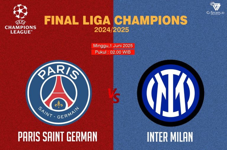 Laga final Liga Champions 2024/2025 mempertemukan Paris Saint-Germain vs Inter Milan yang akan digelar pada Minggu (1/6/2025) pukul 02.00 WIB. (Grafis: Menk Karmawan/G-Sports.id).