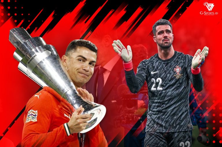 Cristiano Ronaldo (kiri) dengan trofi UEFA Nations League 2025 dan Diogo Costa merayakan gelar setelah mengalahkan Spanyol, Senin (9/6/2025) dini hari WIB. (Foto: Twitter Timnas Portugal/Grafis: Menk Karmawan/G-Sports.id).
