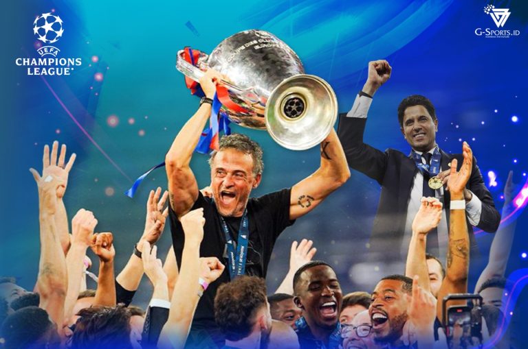 Luis Enrique dan Nasser Al-Khelaifi berhasil membawa Paris Saint-Germain juara Liga Champions 2024/2025, Minggu (1/6/2025) dini hari WIB. (Foto: Twitter PSG/Grafis: Menk Karmawan/G-Sports.id).