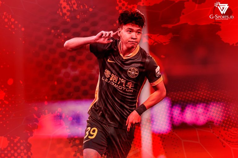 Bintang muda Timnas Cina, Wang Yudong, bisa menjadi ancaman pertahanan Timnas Indonesia dalam laga yang digelar Kamis (5/6/2025) malam WIB. (Twitter: Hotpot Football/Grafis: Menk Karmawan/G-Sports.id).