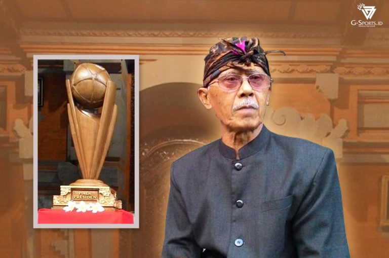 Trofi Piala Presiden yang belum ditambahkan ornamen lainnya, dan sang seniman pembuat trofi tersebut yang berasal dari Bali, Ida Bagus Lasem. (Foto: Twitter Serdadu Tridatu/Grafis: Menk Karmawan/G-Sports.id).