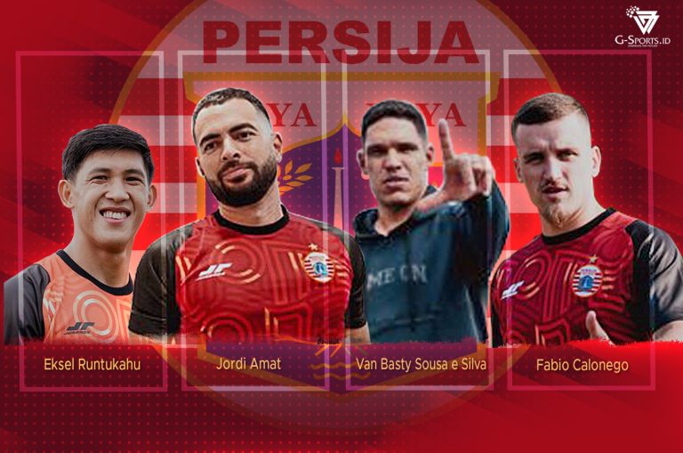 Pemain baru Persija musim 2025/2026 ini, Eksel Runtukahu, Jordi Amat, Sousa, dan Fabio Calonego. (Foto: Twitter Persija/Grafis: Menk Karmawan/G-Sports.id).
