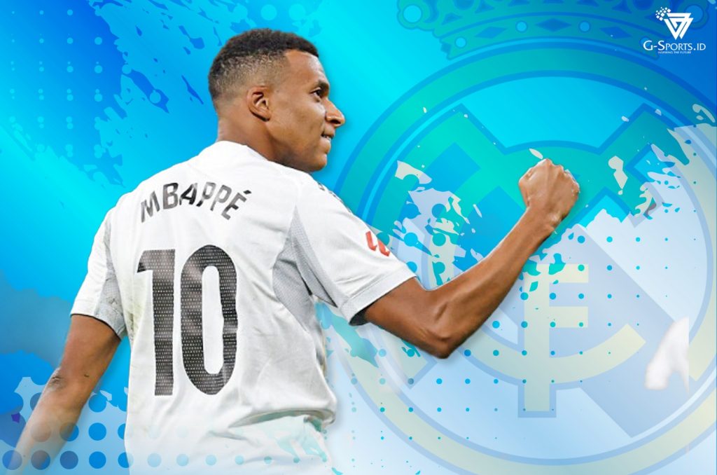 Penyerang Real Madrid, Kylian Mbappe. (Foto: Twitter Real Madrid/Grafis: Menk Karmawan/G-Sports.id).