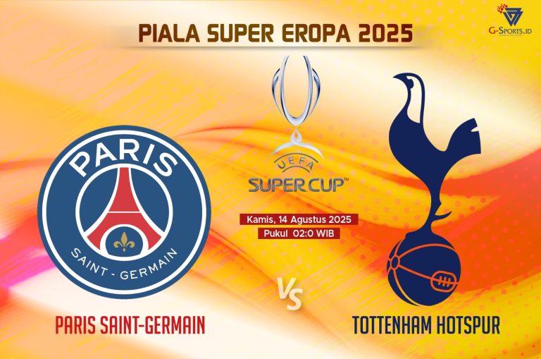 Paris Saint-Germain vs Tottenham Hotspur dalam Piala Super Eropa 2025, Kamis (14/8/2025) pukul 02.00 WIB. (Grafis: Menk Karmawan/G-Sports.id).
