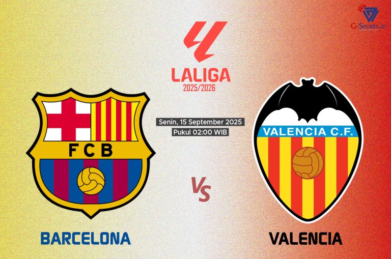 Laga Barcelona vs Valencia di La Liga 2025/2026 akan digelar pada Senin (15/9/2025) pukul 02.00 WIB. (Grafis: Menk Karmawan/G-Sports.id).
