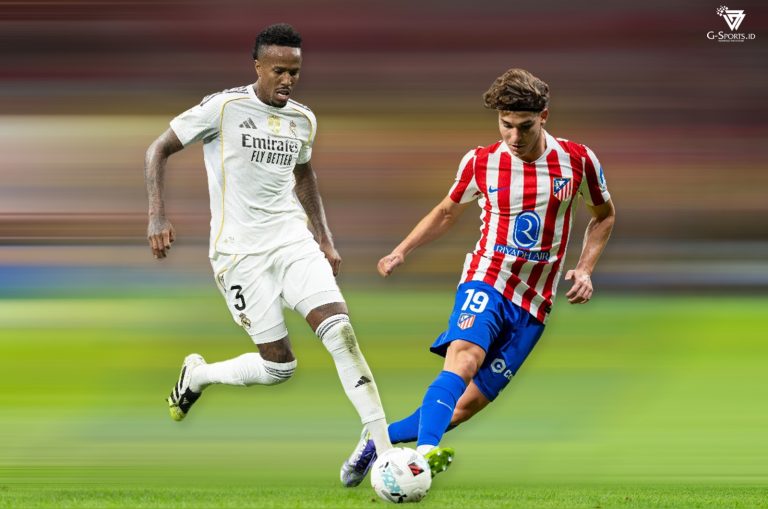 Bek Real Madrid asal Brasil, Eder Militao (kiri) dan penyerang Atletico Madrid asal Argentina, Julian Alvarez. (Foto: La Liga/Grafis: Menk Karmawan/G-Sports.id).