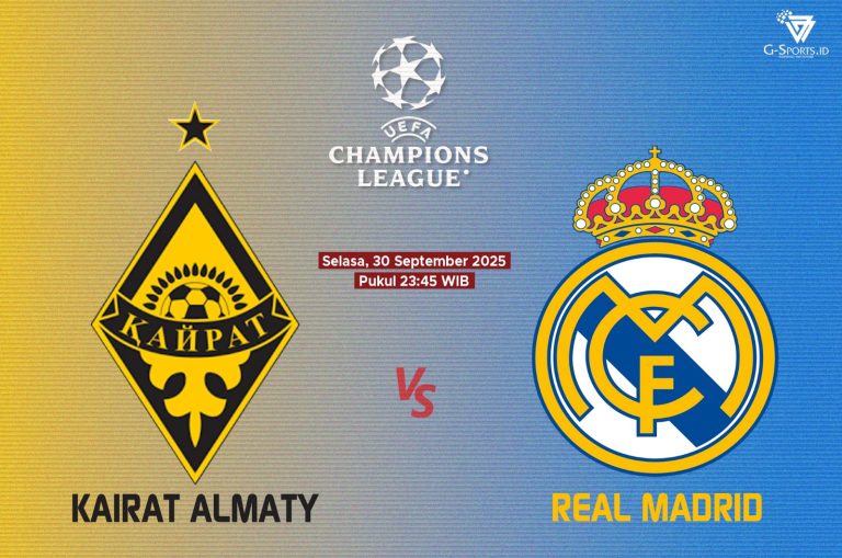 Laga FC Kairat vs Real Madrid di Liga Champions 2024/2026 akan digelar pada Selasa (30/9/20250 pukul 23.45 WIB. (Grafis: Menk Karmawan/G-Sports.id).