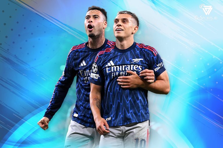 Gabriel Martinelli (kiri) dan Leandro Trossard jadi duet maut Arsenal penentu kemenangan atas Athletic Bilbao, Selasa (16/9/2025) malam WIB. (Foto: Twitter Arsenal/Grafis: Menk Karmawan/G-Sports.id).