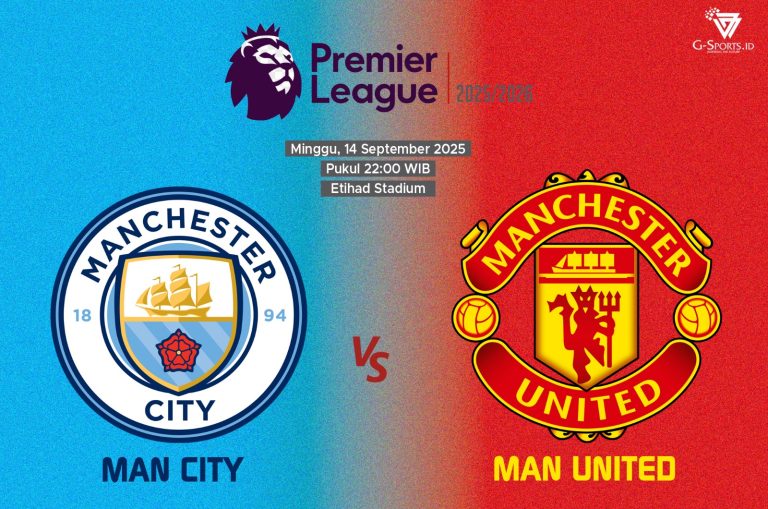 Derbi Manchestester antara Manchester City vs Manchester United di Liga Inggris 2025/2026 akan digelar pada Minggu (14/9/2025) pukul 22.30 WIB. (Grafis: Menk Karmawan/G-Sports.id).