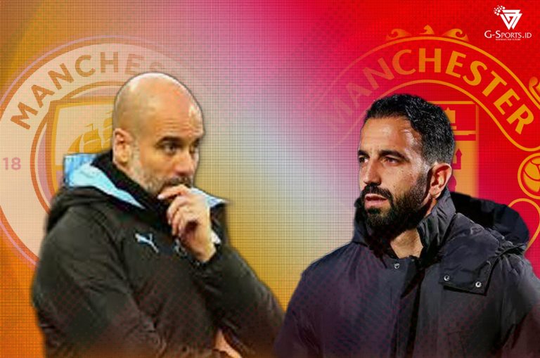 Derbi Manchester antara Manchester City vs Manchester United mempertemukan dua pelatih, Pep Guardiola (kiri) dan Ruben Amorim. (Grafis: Menk Karmawan/G-Sports.id).