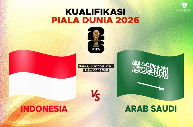 Laga Indonesia vs Arab Saudi di kualifikasi Piala Dunia 2026. (Grafis: Menk Karmawan/G-Sports.id).