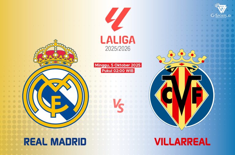 Real Madrid vs Villarreal di La Liga 2025/2026 akan digelar pada Minggu (5/10/2025) pukul 02.00 WIB. (Grafis: Menk Karmawan/G-Sports.id).